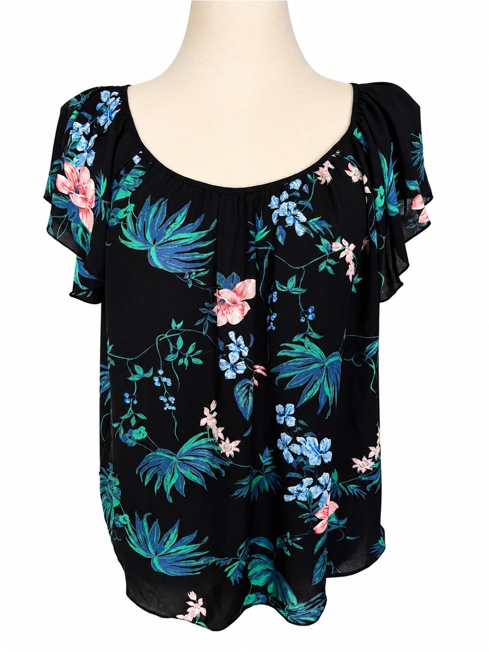 Philosophy Floral Flutter Sleeve Blouse Petite Small Black Tropical Print